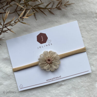 Haarbandje smal met wollen bloemetje beige