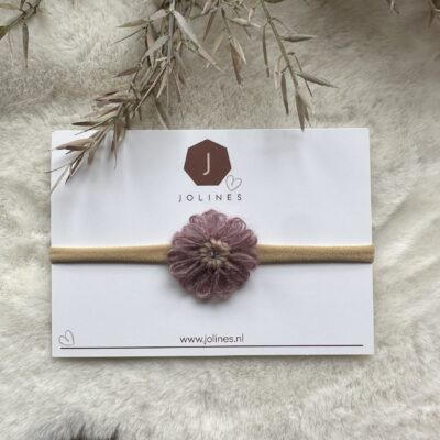 Haarbandje smal met wollen bloemetje mauve